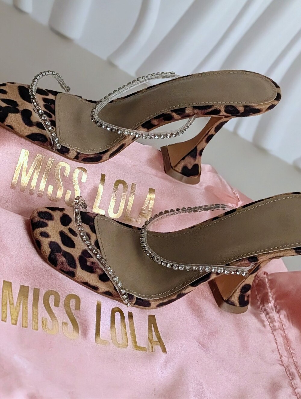 Miss Lola Leopard Print Rhinestone Heels Size 7.5 New Unworn With Dust Bags